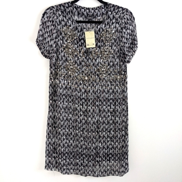 LUCKY Brand Sheer Beaded Embellished Mini Dress Sequin Tunic Mod Geometric XS - Picture 1 of 9